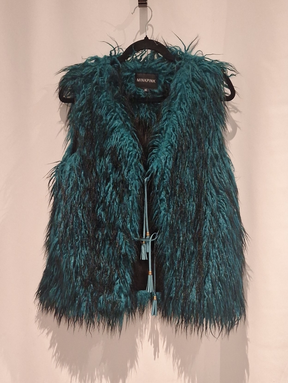 MINKPINK Teal And Black Shag Faux Fur Vest with Tassel Tie